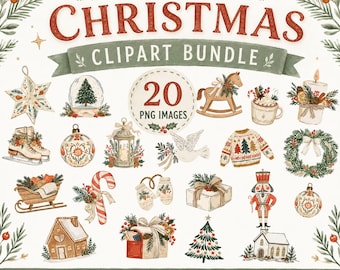 May include: A digital clipart bundle titled Scandinavian Christmas featuring 20 watercolor illustrations including a rocking horse, nutcracker, gingerbread house, ornaments, wreath, ice skates, candy cane, mittens, and a decorated Christmas tree.
