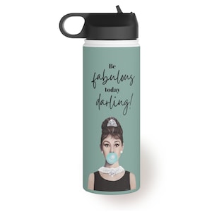Cute Audrey Hepburn Custom Water Bottle - Great Personalized Audrey Hepburn Lover Gift for Breakfast At Tiffanys Lover or Holly Golightly