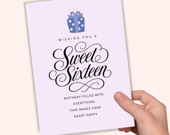 May include: A light purple birthday greeting card featuring a blue gift box with white polka dots at the top. The text reads: WISHING YOU A Sweet Sixteen BIRTHDAY FILLED WITH EVERYTHING THAT MAKES YOUR HEART HAPPY in black script and sans-serif fonts.