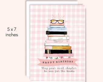 Tarjeta de cumpleaños con acuarela a cuadros vichy, ideal para una mejor amiga, hermana o amante de los libros (descarga digital)
