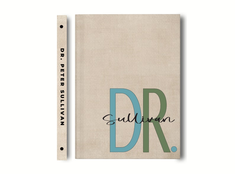 May include: A beige notebook with a spine that says "DR. PETER SULLIVAN". The front cover has a large green and blue "DR." with the name "Sullivan" written in cursive underneath.