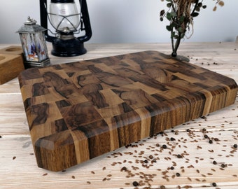 Wood cutting board, chopping board, with rubberized feet, end grain wood chopping board, butcher block, with big handles, walnut, wood