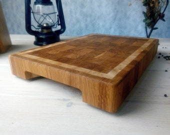 Holzbrett, Schneidebrett, mit gummierten Füßen, Stirnholzbrett nach Maß, Metzgerblock, mit großen Griffen, Eiche, Holz