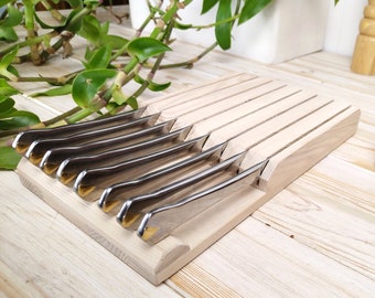 Knife block in drawer, drawer knife block, 8 slots wood knife holder, knife block, messerblock, kitchen storage, drawer organizer