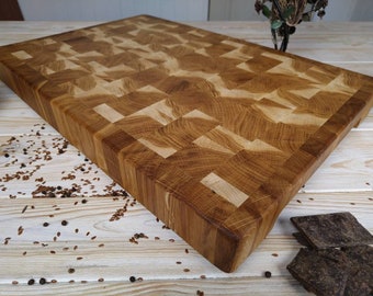 Wood cutting board, chopping board, with rubberized feet, custom end grain wood cutting board, butcher block, with big handles, oak, wood