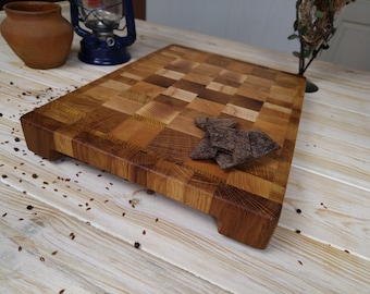 Wood cutting board, chopping board, with rubberized feet, extra large end grain cutting board, butcher block, with big handles, hardwood