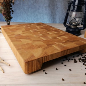 Wood cutting board, chopping board, with rubberized feet, custom end grain wood cutting board, butcher block, with big handles, ash wood