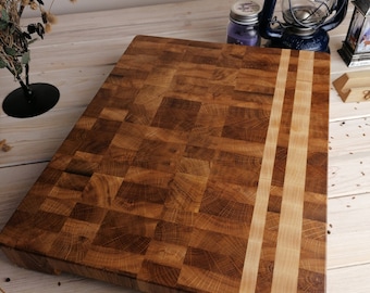 Wood cutting board, chopping board, with rubberized feet, custom end grain wood cutting board, butcher block, with big handles, oak, wood