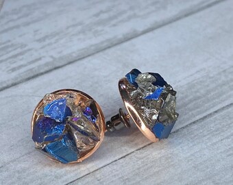 Rose gold studs with Blue crystal pieces