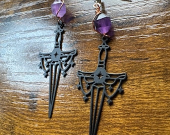 black metal sword earrings with amethyst beads