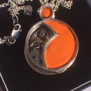 Orange Clock Pendant with silver Chain