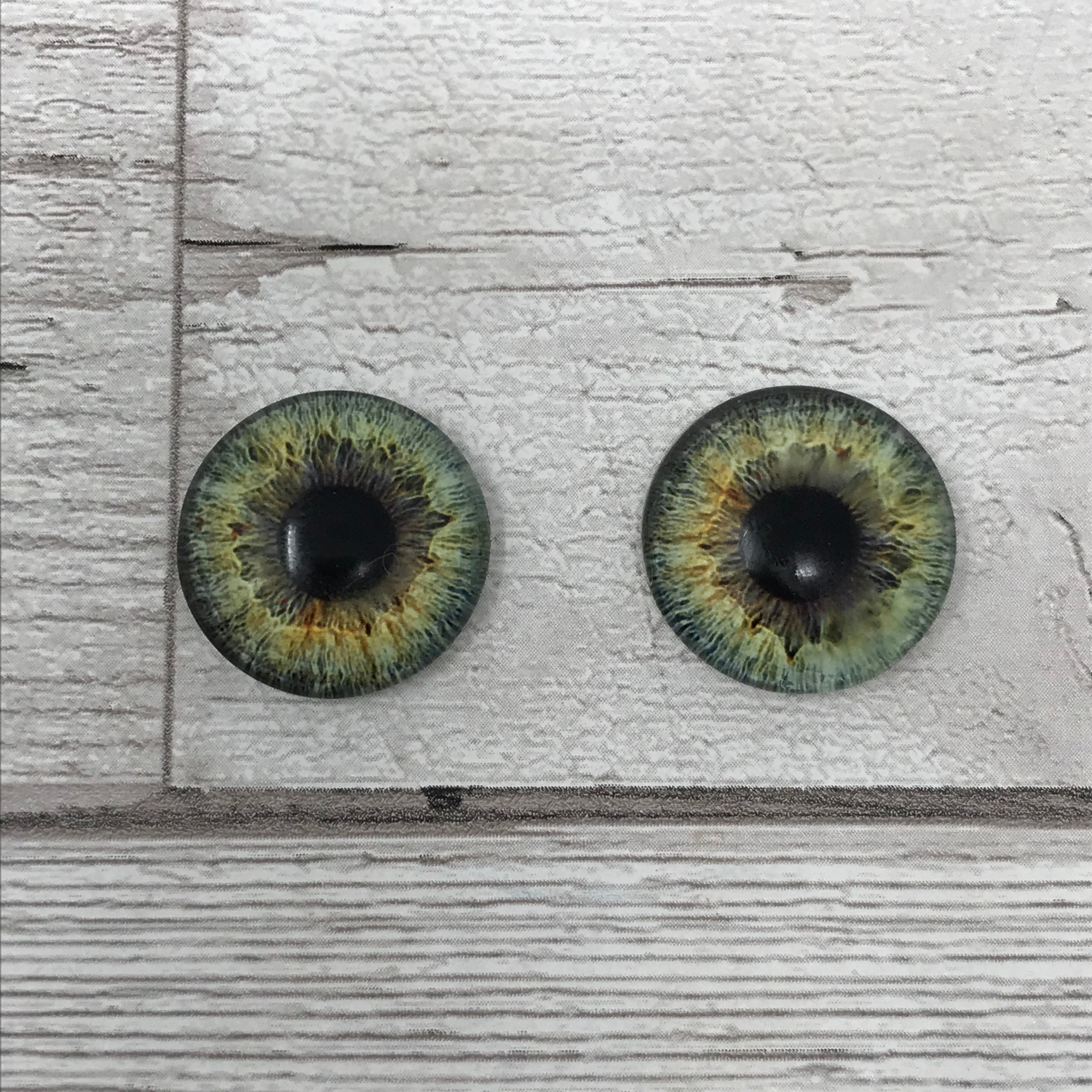 Glass Eyes for Dolls with Loops 16mm Green Iris Pupils Glass Eye Cabochons  for Fantasy Art Doll Stuffed Animal Soft Sculptures or Jewelry Making