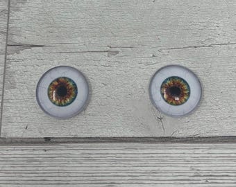 Pair of realistic hazel brown human glass eye cabochons in sizes 6mm to 20mm realistic eyes round pupil  (619)