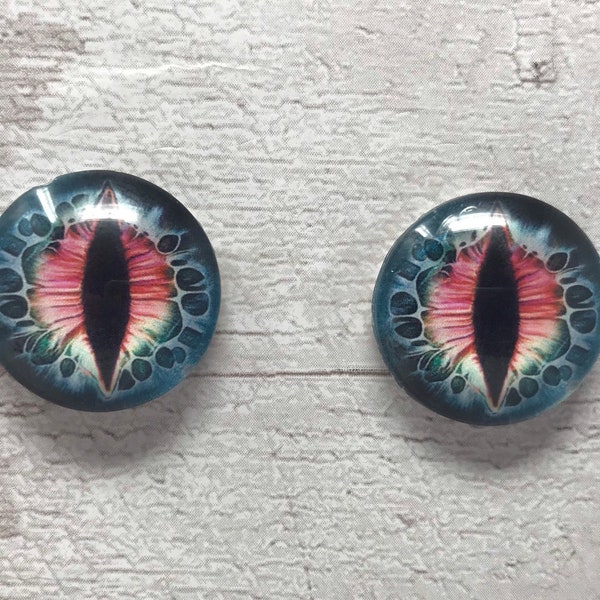 Pair of Blue and red glass eye cabochons in sizes 6mm to 40mm dragon eyes cat snake iris reptile (041)