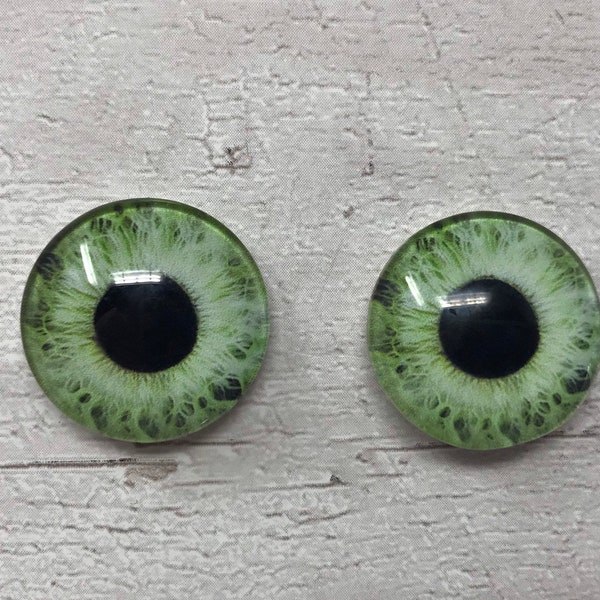 Pair of realistic green glass eye cabochons in sizes 6mm to 20mm realistic dragon eyes cat iris (351)