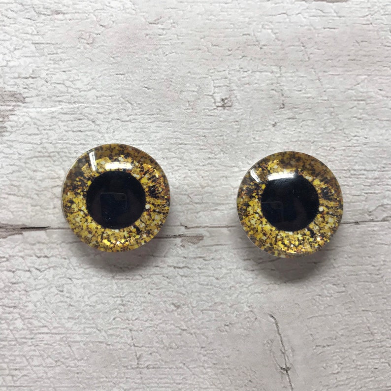 Pair of gold glass eye cabochons in sizes 6mm to 40mm dragon eyes cat fox iris 171