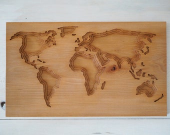 Décoration murale de carte du monde, art mural moderne en forme de bois, sculpture en bois profond de forme libre, décoration et panneau en bois