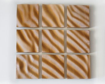 Set von 9 Quadraten Holz Relief Skulpturen fließende Wandkunst, kontinuierliche Wellen, modernes Dekor, freie Form Holzschnitzerei, abstrakte Wandkunst