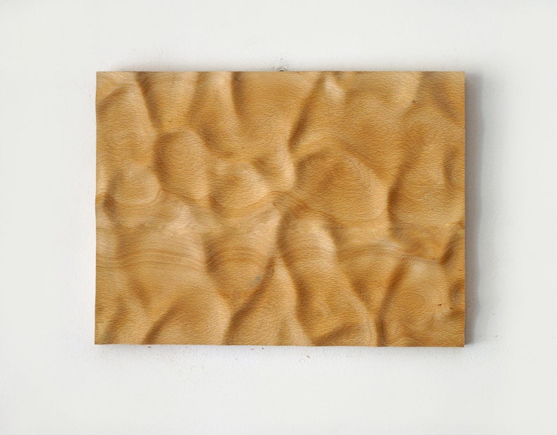 Puede incluir: Una obra de arte mural rectangular de madera con una superficie texturizada y ondulada. La madera es de color marr&oacute;n claro con vetas visibles, creando una est&eacute;tica natural. La pieza est&aacute; montada en una pared blanca.