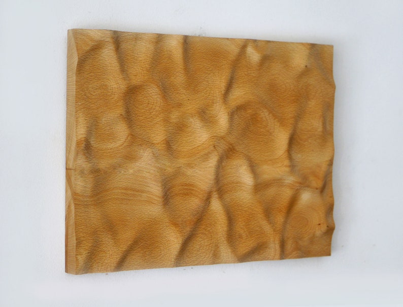 Puede incluir: Una obra de arte mural rectangular de madera con una superficie texturizada y ondulada. La madera es de color marr&oacute;n claro y presenta un patr&oacute;n de vetas natural. Los bordes de la obra est&aacute;n cortados de forma tosca, lo que a&ntilde;ade a su est&eacute;tica r&uacute;stica.