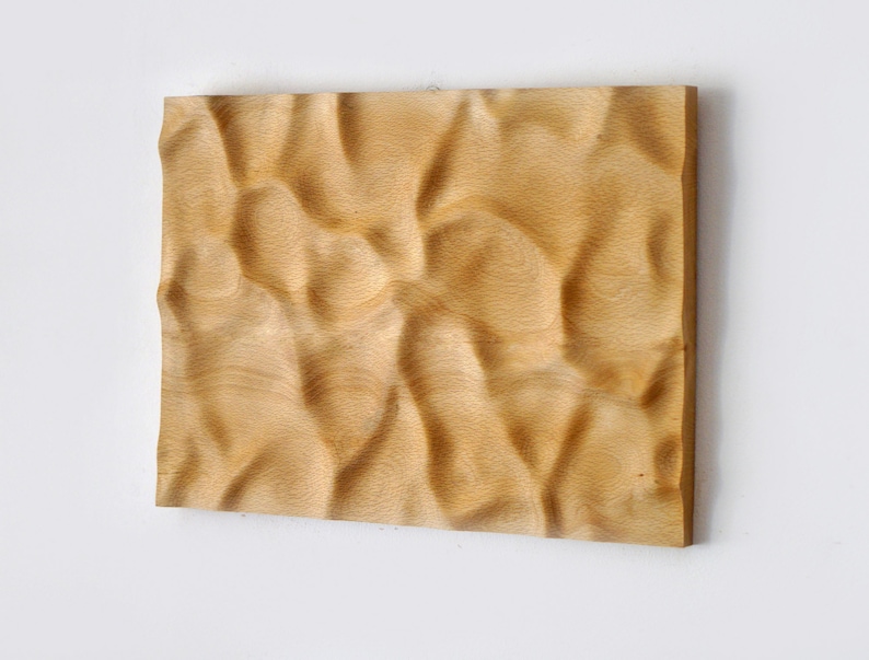 Puede incluir: Una pieza de arte mural rectangular de madera con una superficie tallada y ondulada. La obra de arte est&aacute; hecha de madera de color claro y tiene una textura natural y org&aacute;nica. La pieza est&aacute; montada en una pared blanca, mostrando su dise&ntilde;o tridimensional.
