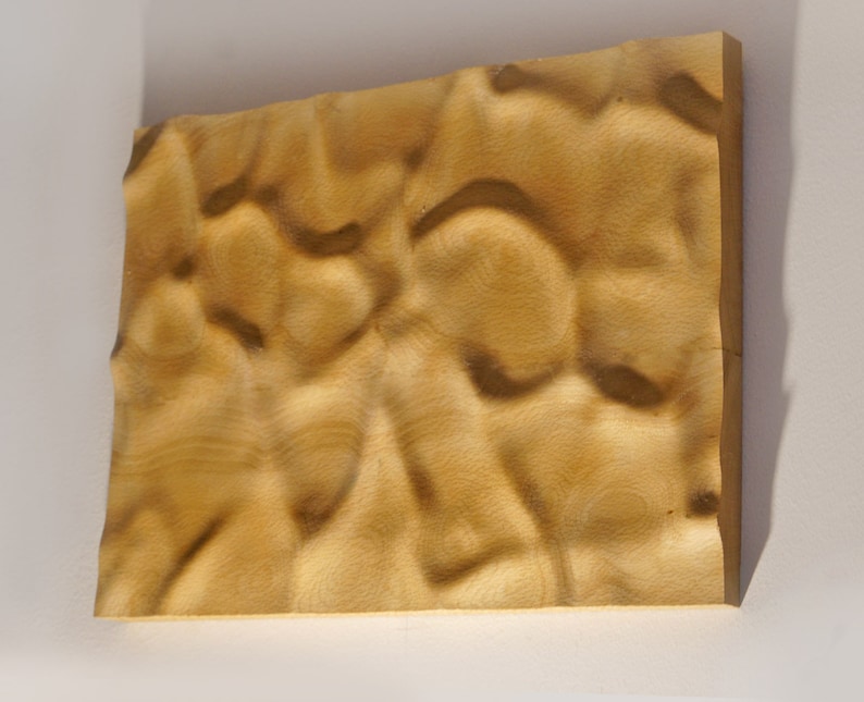 Puede incluir: Una pieza de arte mural rectangular de madera con una superficie texturizada. La madera es de color marr&oacute;n claro con acentos marr&oacute;n oscuro, creando un aspecto natural y org&aacute;nico. La superficie tiene un patr&oacute;n ondulado, agregando profundidad.
