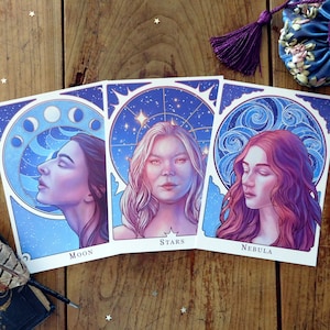 Cartes Postales Astrales, art nouveau, céleste, étoiles, lune, nébuleuse, portrait de femmes