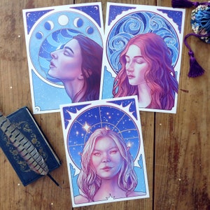 Illustrazione astrale, art nouveau, tema celeste, stelle, luna, nebulosa, ritratto di donna, stampa