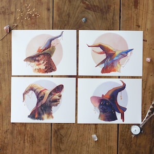 Cartes illustrées animaux avec chapeaux, renard, hibou, chien, chat, chapeaux de sorcière