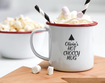 Personalized Red Rim Enamel Mug - Custom Engraved Christmas Movie Night Cup for Hot Cocoa