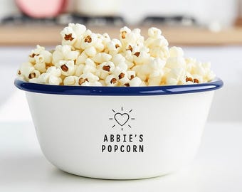 Personalised Heart Name Enamel Popcorn Bowl | Engraved Bowl for Sweets | Custom Bowl Kids, Picnics, Movie Nights Camping | Snack Lover Gift