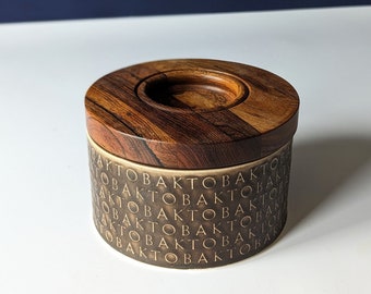 Quistgaard rare TOBACCO lidded bowl / jar - 1960s Kronjyden IHQ. Danish design. Embossed letters & rosewood lid. Nordic design / Denmark.