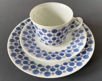 Rare trio! Porsgrund 50s set  - Lavender blue & purple pattern . Norwegian design. Collectible Scandinavian. Mid century modern tableware.