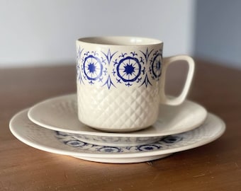 Vintage trio - P.T Tulowice Poland -  1970s relief trio with blue pattern. Retro vintage. Mid century modern. Plate, saucer & cup.