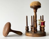 Vintage thread stand with needle pad vintage darning tool. Old wood tools for sewing. Perfect DIY craft gift.