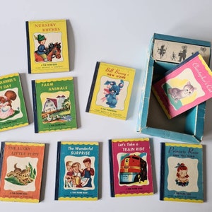 1949 Children&#39;s library with 9 Tom Thumb Books. My little television set. Vintage good night fairy tales with cute pictures. Old booklets.