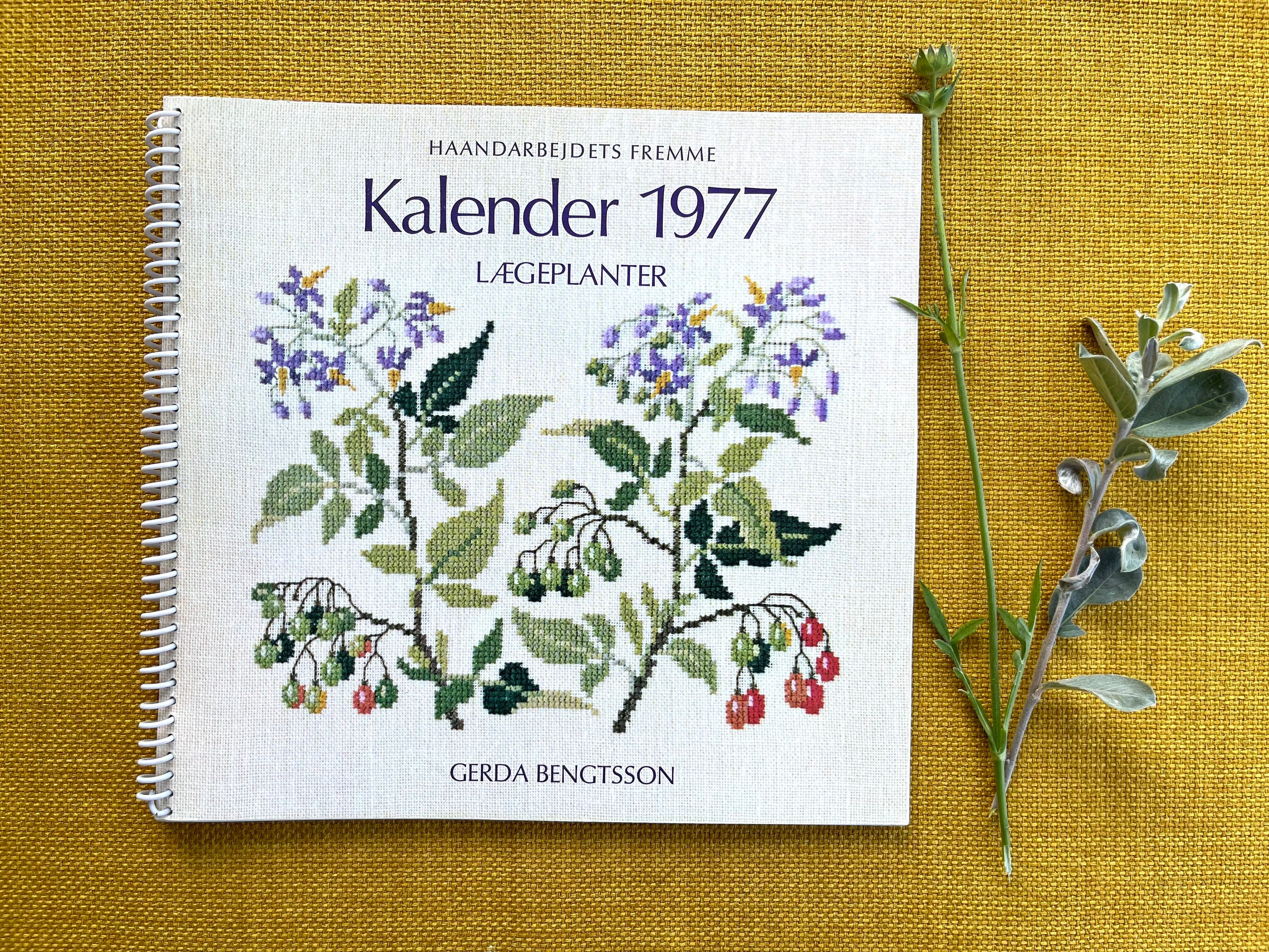 1977 Gerda Bengtsson large Cross Stitch of the Year calendar - Medical herbs Haandarbejdets fremme - In Danish, English and German 1977 Gerda Bengtsson large Cross Stitch of the Year calendar - Medical herbs Haandarbejdets fremme - In Danish, English and German