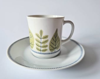 SYLVIA - Barbro Löfgren Örtendahl, 1963, Karlskrona, Upsala Ekeby, Sweden. CUP & SAUCER Swedish mid century. Leaf pattern.