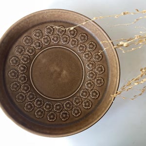 May include: A brown ceramic plate with a floral pattern. The plate has a raised floral design around the rim and a smooth center. Dried plants are in the background.