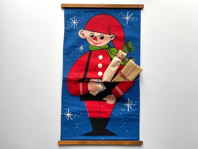 Vintage pocket wall hanging for Christmas letters or surprise gifts Printed cotton Christmas decoration Danish Gnome wall decoration. image 1