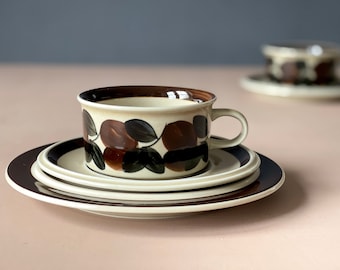 Ruija Tea Cup, saucer & plate - Arabia - Raija Uosikkinen and Ulla Procope in 1975. Handpainted decor. Large cup set. Rare trio - DARK