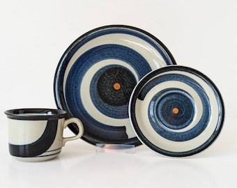 RESERVED Rörstrand GLUNT trio: Cup, saucer and plate. Swedish mid century modern - Christina Campbell design, 1970s. Retro hand painted