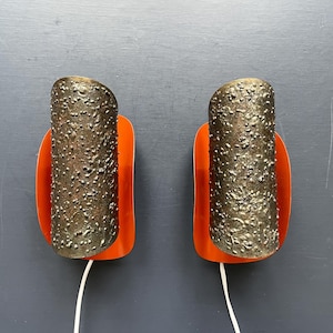 Danish 60s or 70s vintage pair of brutalist metal sconces. Eu, Us, Uk or Aus power plug. Retro design Wall lamps. Hollywood regency style.