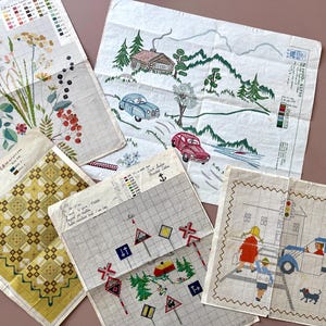 5 Danish Cross stitch sheets, Permin & OOE, 50s - 60s designs. Cute patterns for cushions and more.