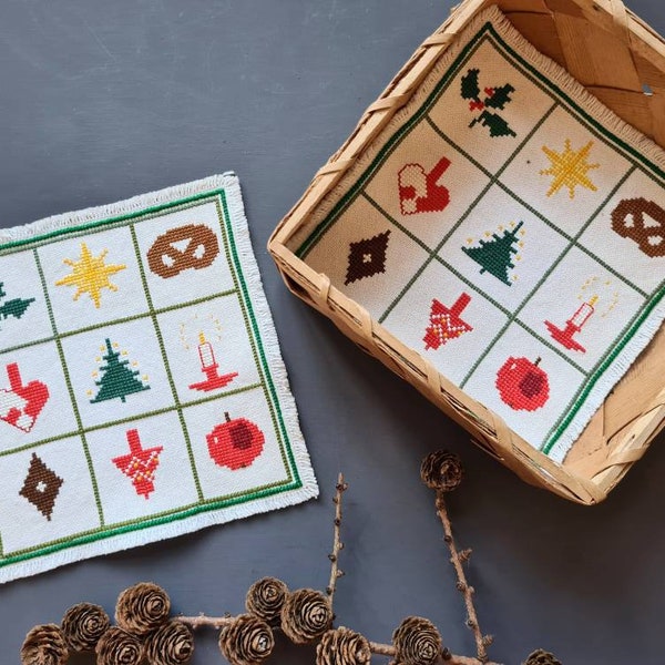 Embroidery bread tray linens. Handmade cross stitch table linens. Cotton Christmas decoration for your holiday celebrations.