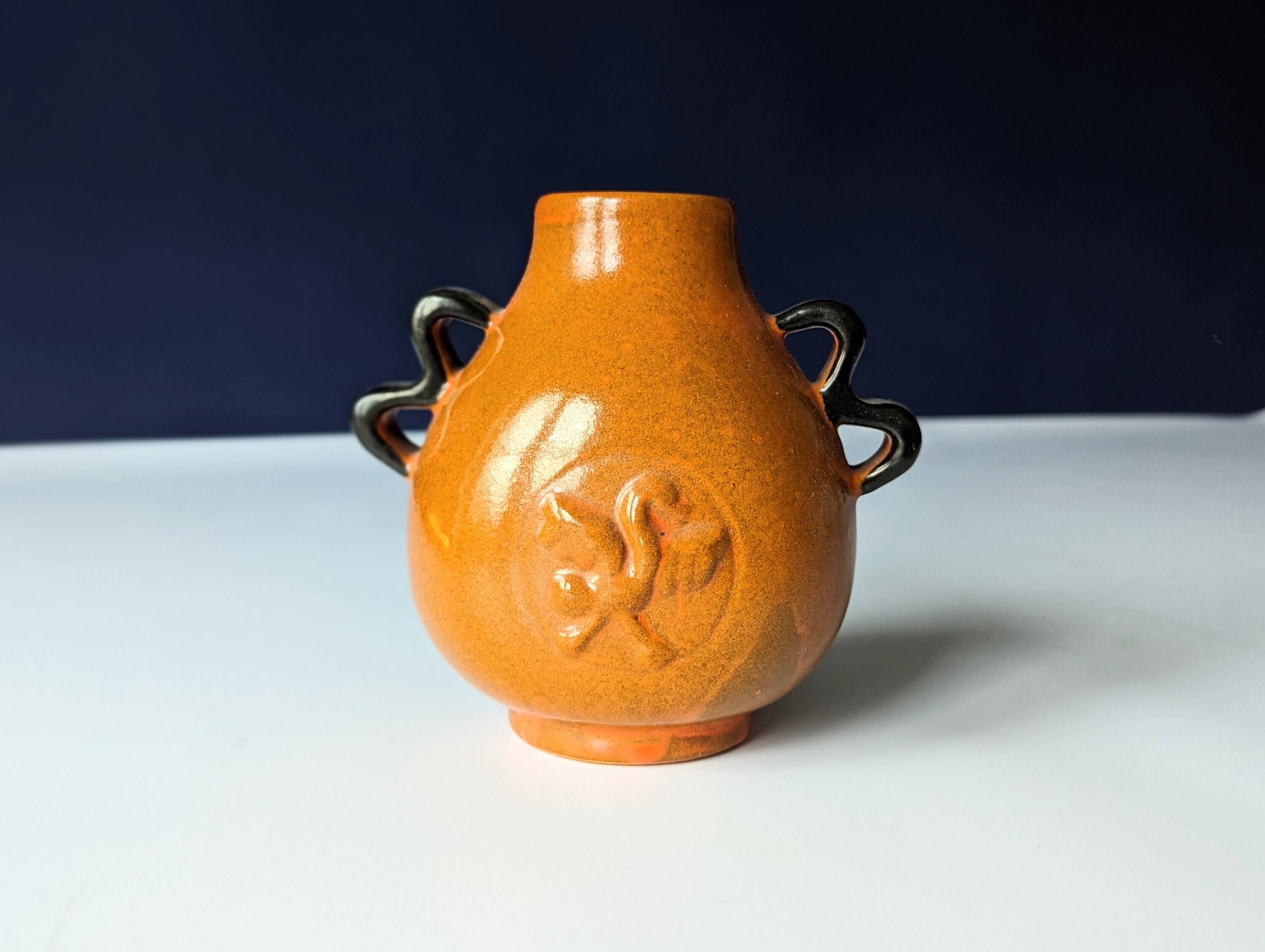 1930s Upsala Ekeby vase. Very old vintage ceramic treasure. Swedish pottery from 1930s - Scandinavian. Orange glaze with bird decoration.