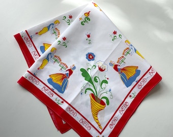Vintage Swedish vintage tablecloth. Made in 60s or 70s Sweden. Print on cotton. Scandinavian / Nordic fabric. Colorful retro fabric God helg