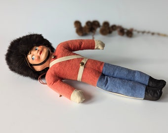 Danish guard "Garder" Royal Queens guard doll. Antique old toy from Scandinavia, Denmark. Fur hat & cotton clothes. 1940s children's toy.