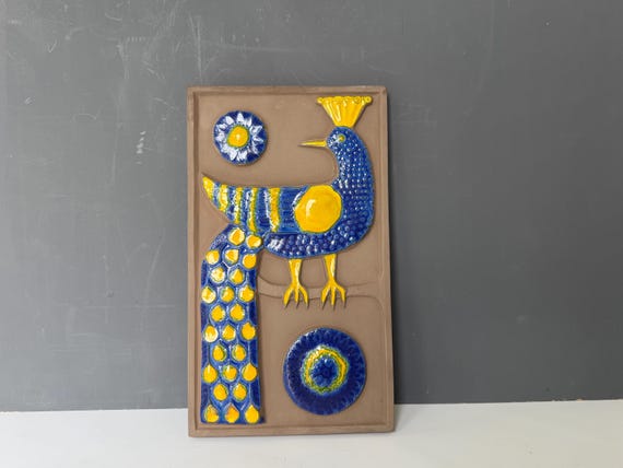 G. Praschak ceramic wall hanging. Made at Knabstrup, Denmark. Mid century modern ceramic with peacock. 1960s Scandinavian design