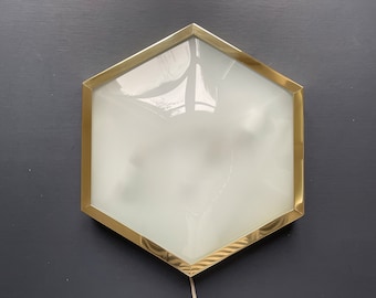 1950s Italian Brass Hexagonal Flush Mount. Ceiling or wall lamp. MCM hollywood regency. Hand blown pillowed & frosted glass ala Fontana Arte